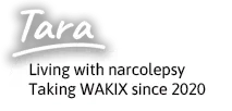 Tara, a real person with narcolepsy with cataplexy taking WAKIX, on a beach with friends and her dog